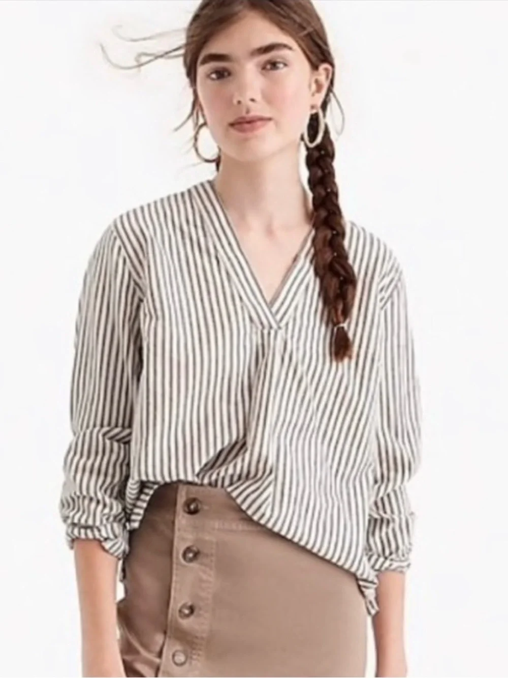 NWT J. Crew Point Sur Cream and Indigo Striped V-Neck Popover Blouse, Size S